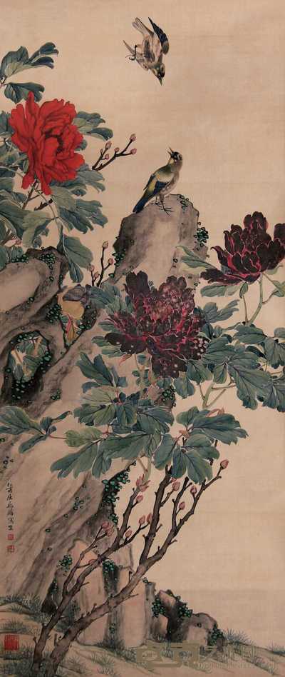 屈兆麟 花鸟 立轴 110×46cm